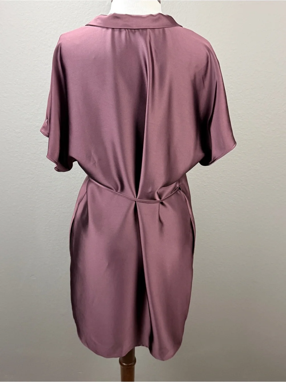 AYR Burgundy Plum Satin Kimono Wrap Mini Dress Shawl Collar Tie Waist Pockets M